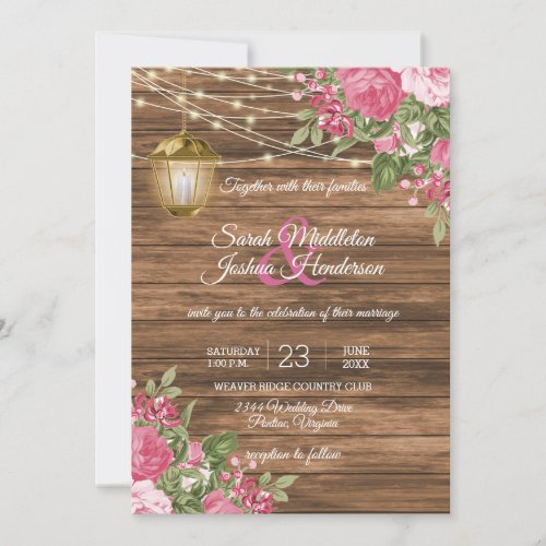 Wood Lanterns and Mauve Pink Flower Wedding Invitation