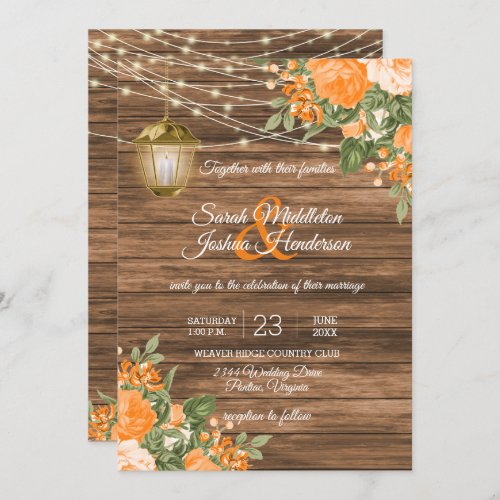 Wood Lanterns and Orange Flower Wedding Invitation