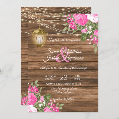 Wood Lanterns and Pink Flower Wedding Invitation