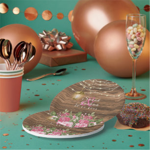 Wood, Lanterns and Pink Mauve Flower Paper Plates