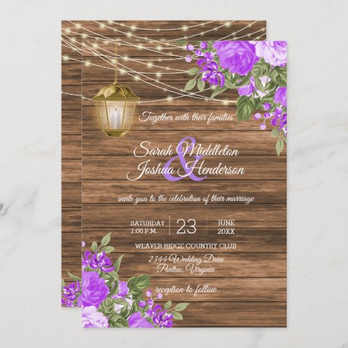 Wood Lanterns and Purple Flower Wedding Invitation