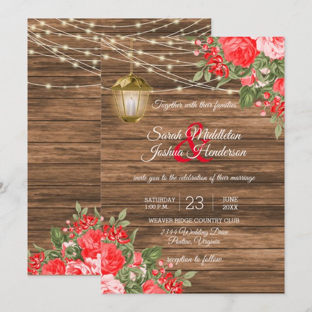 Wood, Lanterns and Red Flower Wedding Invitation (Front/Back)