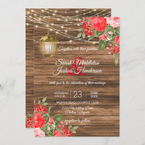 Wood Lanterns and Red Flower Wedding Invitation