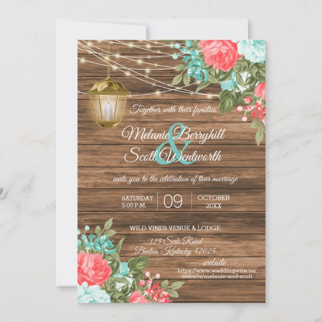 Wood, Lanterns and Teal, Coral Flower Wedding  Invitation (Front)