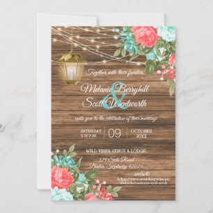 Wood, Lanterns and Teal, Coral Flower Wedding Invitation