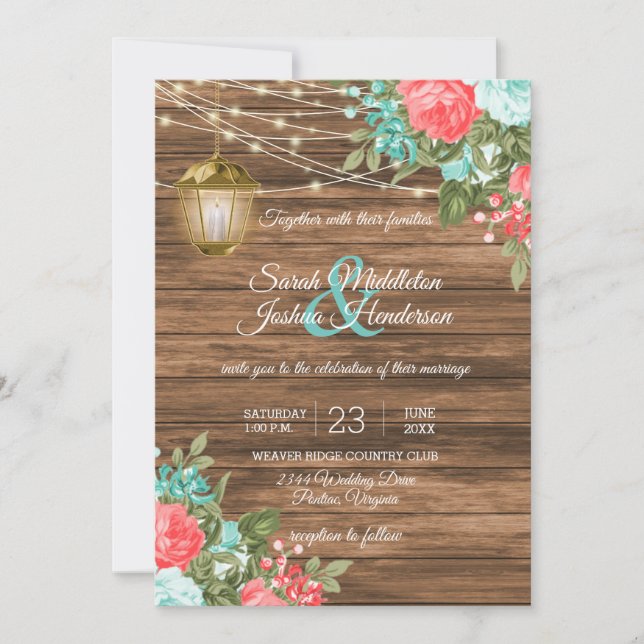 Wood, Lanterns and Teal, Coral Flower Wedding Invitation (Front)