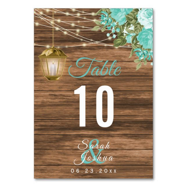 Wood, Lanterns and Teal Flower | Table Cards (Back)