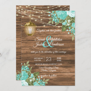 Wood, Lanterns and Teal Flower Wedding Invitation
