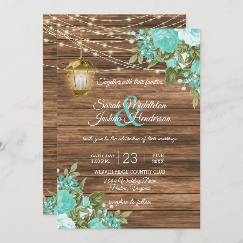 Wood Lanterns and Teal Flower Wedding Invitation