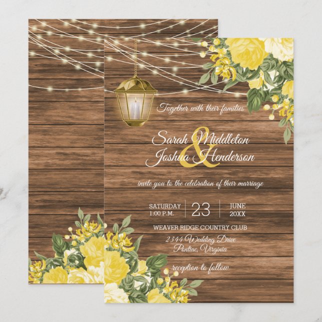 Wood, Lanterns and Yellow Flower Wedding Invitation (Front/Back)