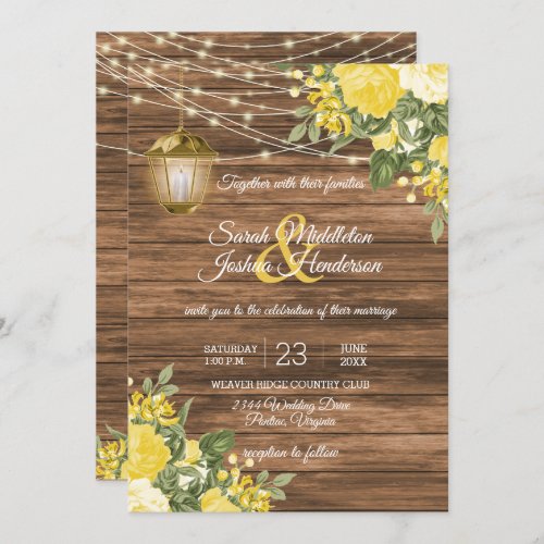 Wood Lanterns and Yellow Flower Wedding Invitation