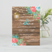 Wood, Lanterns with Teal, Coral Flower Wedding   Invitation (Standing Front)