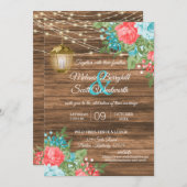 Wood, Lanterns with Teal, Coral Flower Wedding   Invitation (Front/Back)