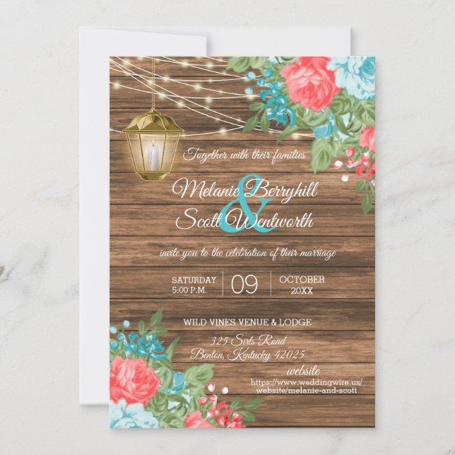 Wood, Lanterns with Teal, Coral Flower Wedding   Invitation (Front)