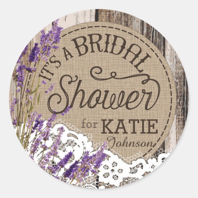 Wood Lavender Lace Rustic Bridal Shower Label (Front)