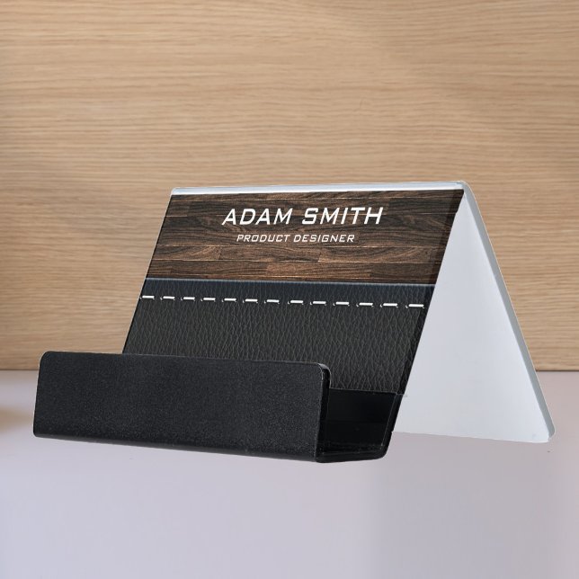 Wood & Leather Look Professional Modern Customized Desk Business Card Holder (Creator Uploaded)