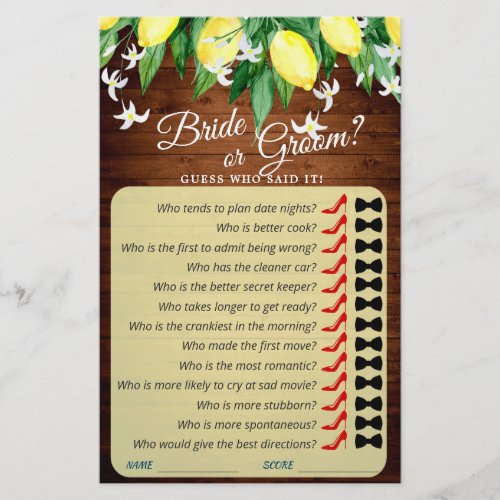 Wood Lemon Blossom Greenery Bridal Shower Game