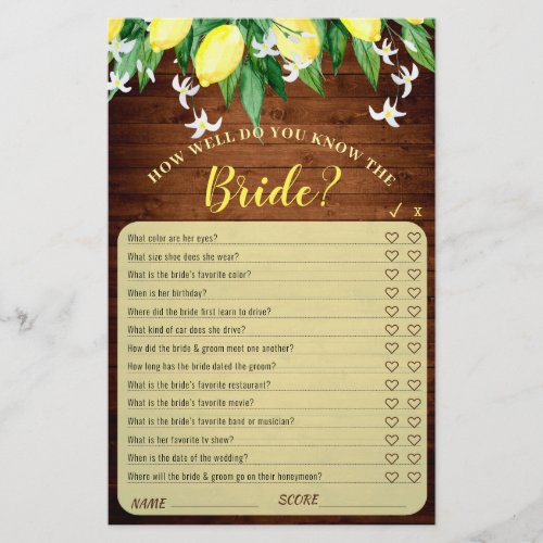 Wood Lemons Blossom Greenery Bridal Shower Game