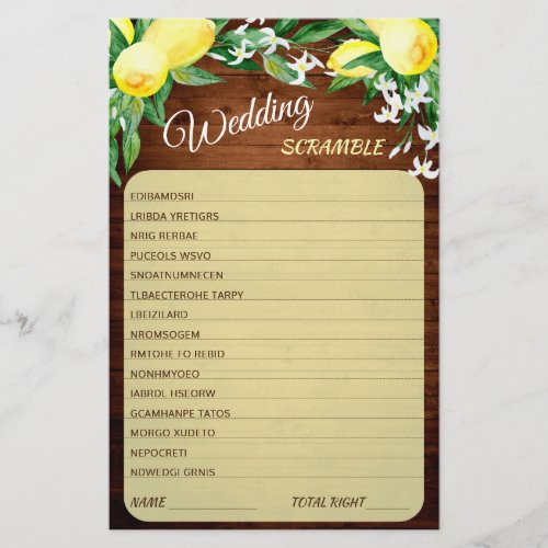 Wood Lemons Blossom Greenery Bridal Shower Game