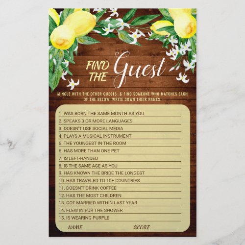 Wood Lemons Blossom Greenery Bridal Shower Game