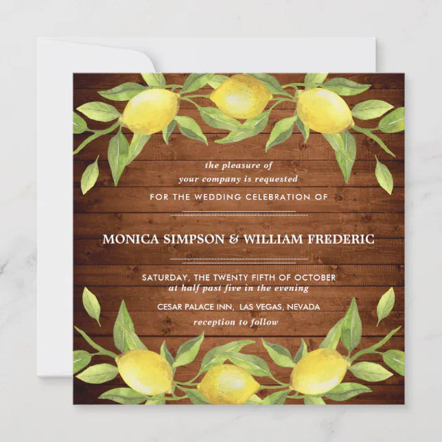 Wood & Lemons Blossom Greenery Watercolor Wedding Invitation | Zazzle