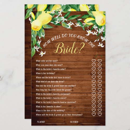 Wood  Lemons Double_Sided Bridal Shower Game