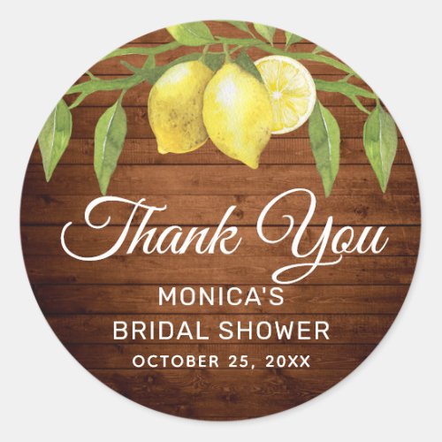 Wood  Lemons Greenery Bridal Shower Classic Round Sticker