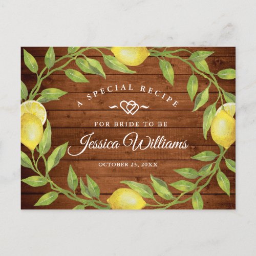 Wood  Lemons Greenery Bridal Shower Recipe Card