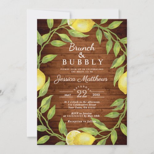 Wood  Lemons Greenery Rustic Brunch  Bubbly Invitation