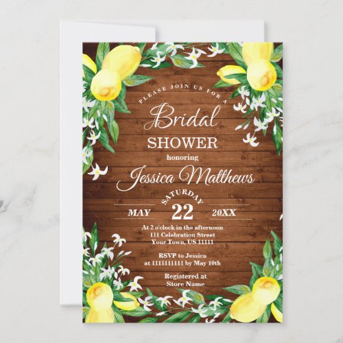 Wood Lemons  Greenery Watercolor Bridal Shower Invitation