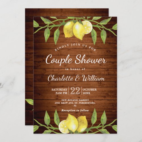 Wood  Lemons Greenery Watercolor Couple Shower Invitation