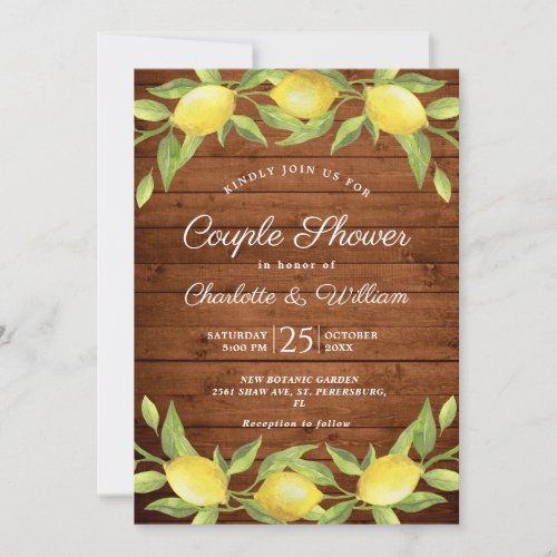 Wood  Lemons Greenery Watercolor Couple Shower Invitation