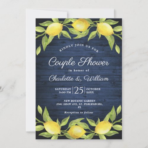 Wood  Lemons Greenery Watercolor Couple Shower Invitation