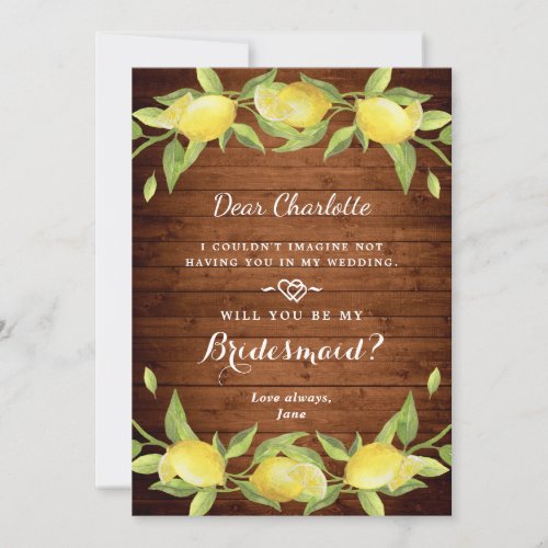 Wood  Lemons Greenery  Will You Be My Bridesmaid Invitation