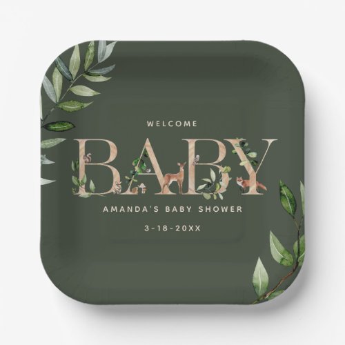 Wood Lettering Forest Animals Baby Shower Paper Plates
