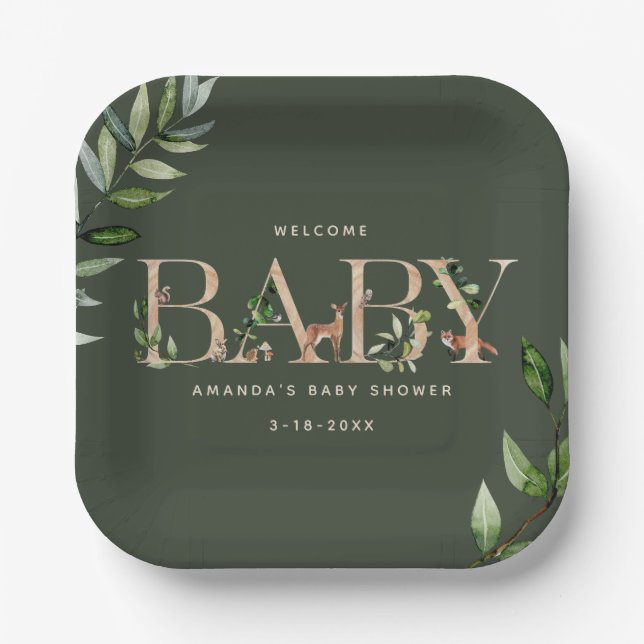 Wood Lettering Forest Animals Baby Shower Paper Plates (Front)