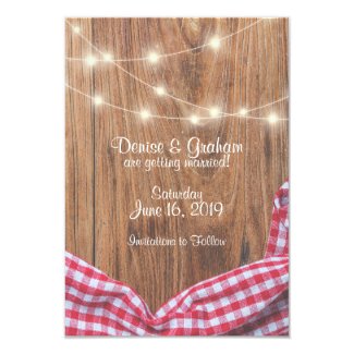 Wood Lights and Tablecloth Custom Save the Date Card