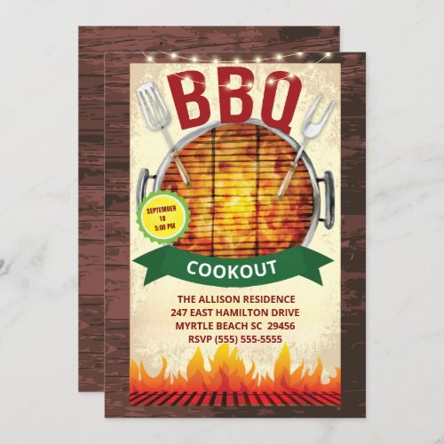 Wood Lights BBQ Grill  Cookout  Summer  Party Invitation