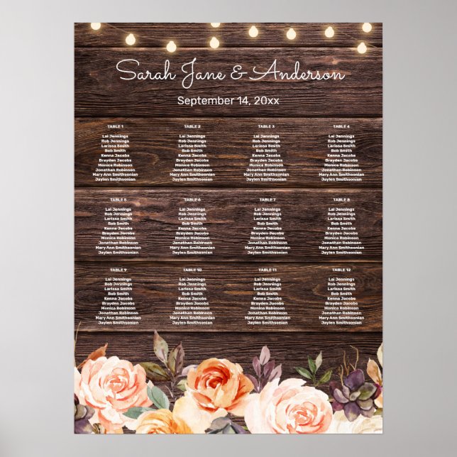 Wood Lights, Blush & Peach Floral Seating Chart (Front)