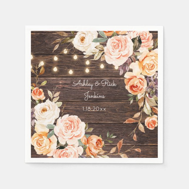 Wood, Lights, Blush Pink & Peach Floral Wedding Napkins (Front)