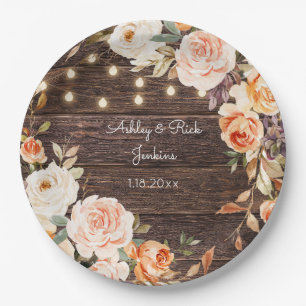 Wood, Lights, Blush Pink & Peach Floral Wedding Paper Plates