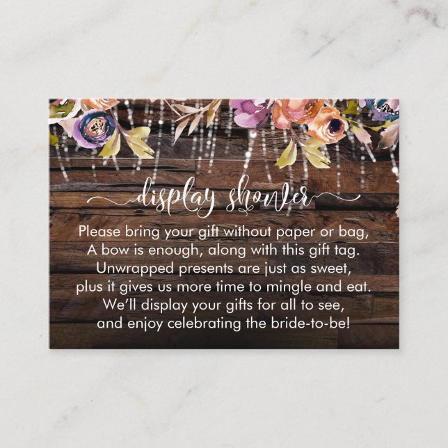 Wood Lights Boho Flowers Display Bridal Shower Enclosure Card (Front)