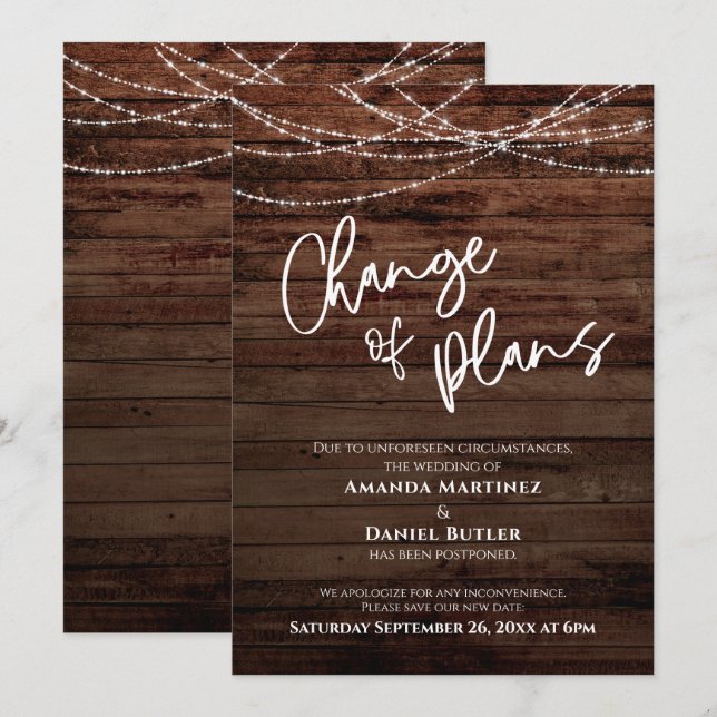 Wood Lights Change of Plans Postponed Wedding Card (Front/Back)