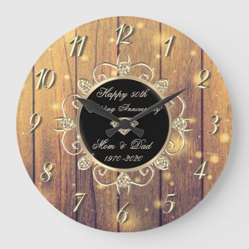 Wood Lights Diamonds 50th Wedding Anniversary Large Clock