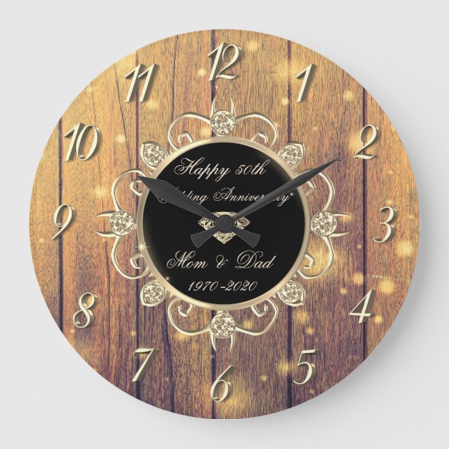 Wood Lights Diamonds 50th Wedding Anniversary Large Clock (Front)
