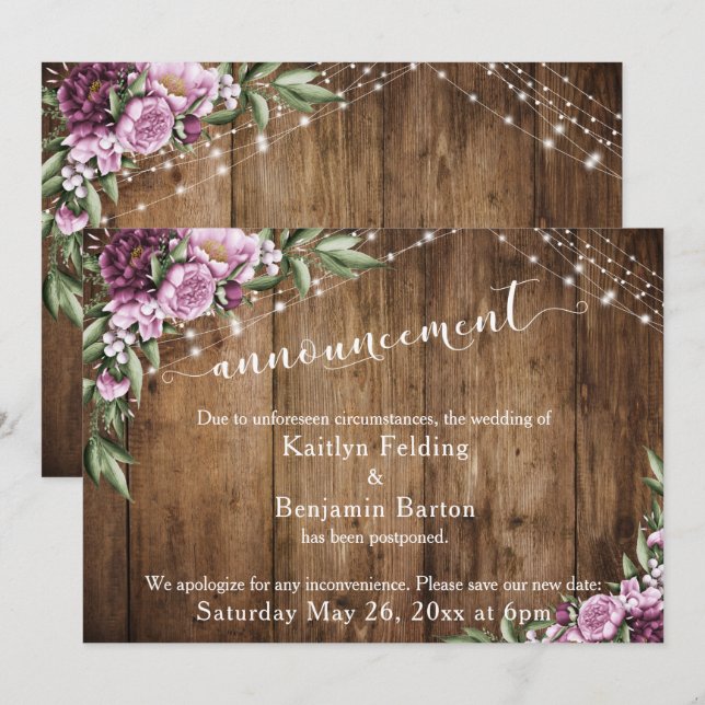 Wood Lights Flowers Postponed Wedding Announcement (Front/Back)