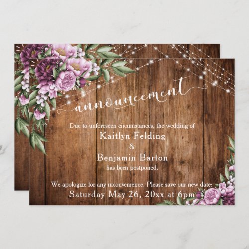 Wood Lights Flowers Postponed Wedding Announcement