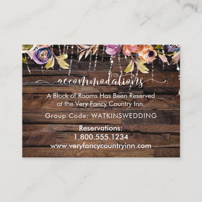 Wood, Lights, Flowers Wedding Accommodations Enclosure Card (Front)