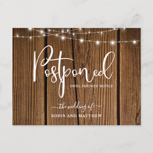 Wood  Lights Postponement Wedding Announcement Postcard