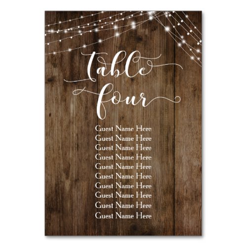 Wood  Lights Table Four with Guest Names Card